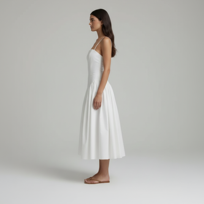 White Solid Pleated Sling Dress