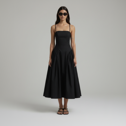 Black Solid Pleated Sling Dress