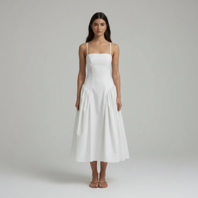 White Solid Pleated Sling Dress