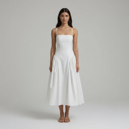 White Solid Pleated Sling Dress