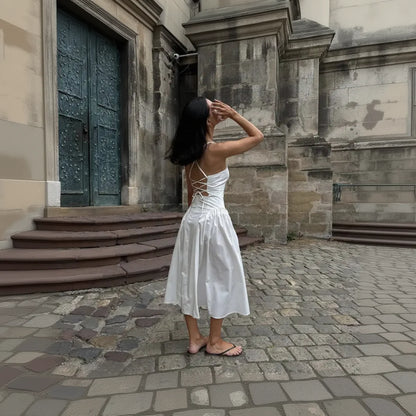 White Solid Pleated Sling Dress