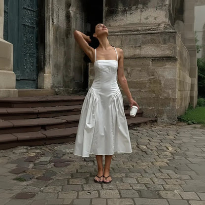 White Solid Pleated Sling Dress